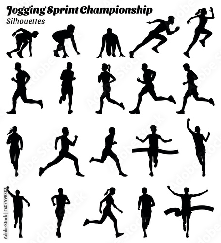 Adult championship sport sprint jogging silhouettes vector illustration set.