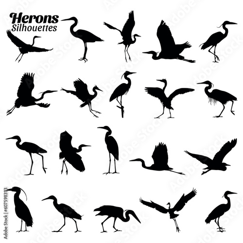 Heron silhouettes vector illustration set.