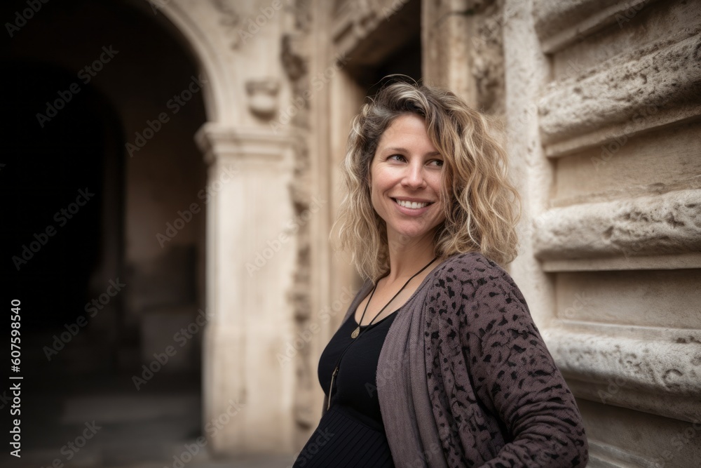 Portrait of a happy pregnant woman in front of an old building