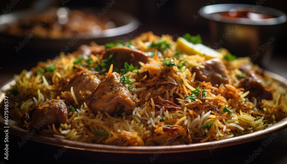 Grilled meat and rice, a savory meal generated by AI