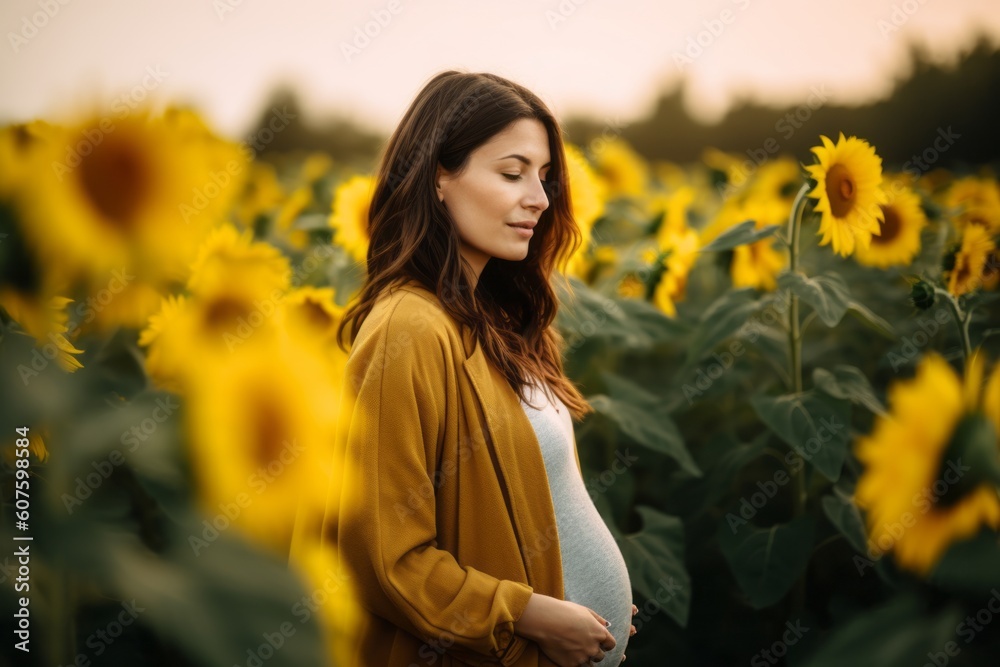 Pregnant woman in yellow dress at sunflower field at sunset Pregnant woman in yellow dress at sunflower field at sunset