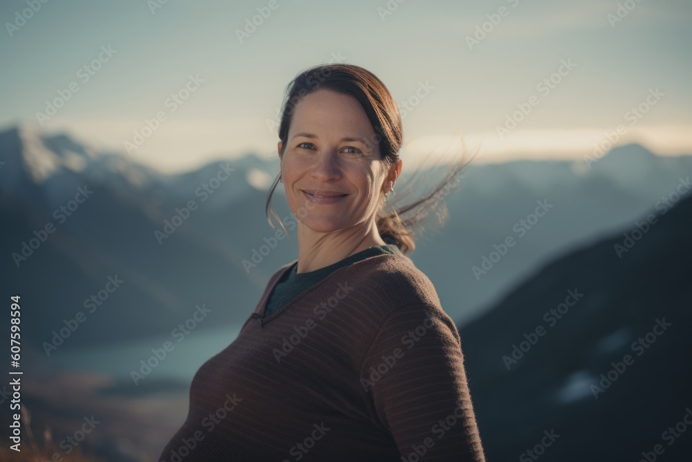 Portrait of a smiling woman standing in the mountains and looking at the camera