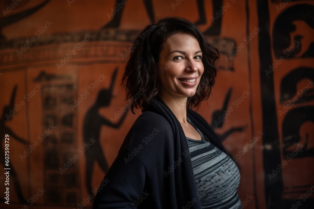 Medium shot portrait photography of a cheerful pregnant woman in her 40s that is wearing a cozy sweater against an ancient egyptian or hieroglyphics background . Generative AI