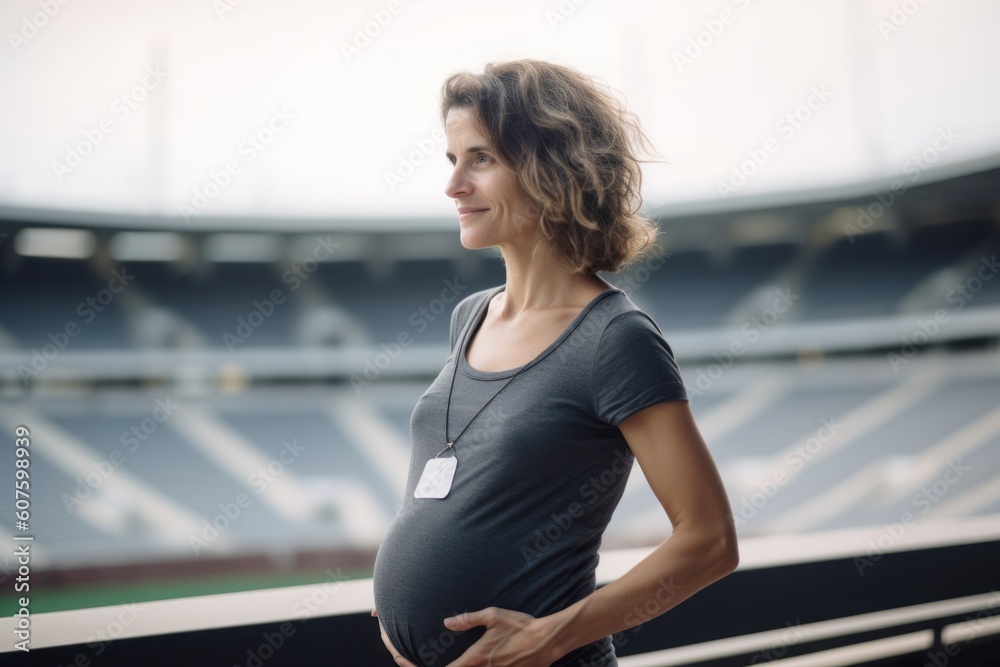 Pregnant woman in sportswear standing on stadium and looking away Pregnant woman in sportswear standing on stadium and looking away