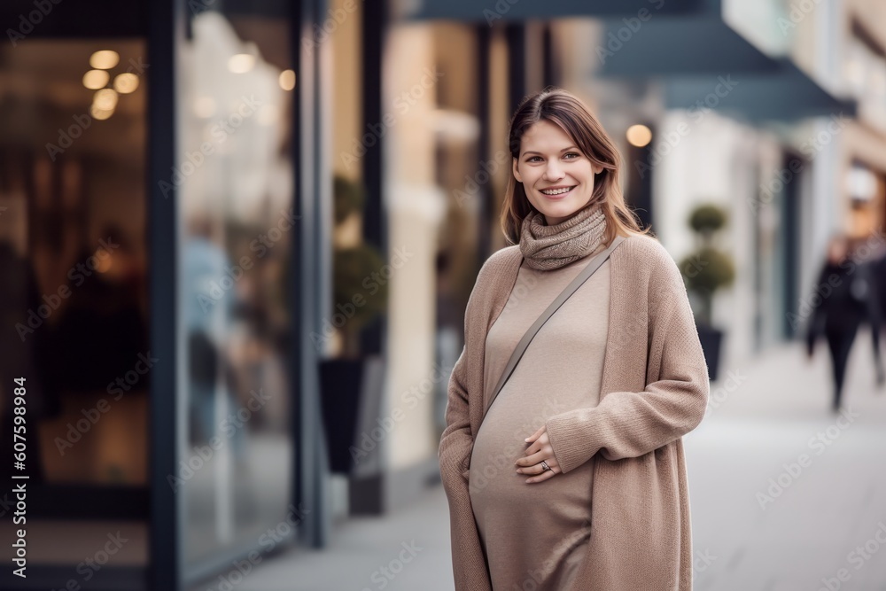 Portrait of a beautiful pregnant woman in a beige coat standing in the city Portrait of a beautiful pregnant woman in a beige coat standing in the city