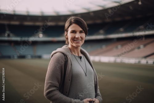 Portrait of a smiling sporty woman standing in the stadium. © Robert MEYNER