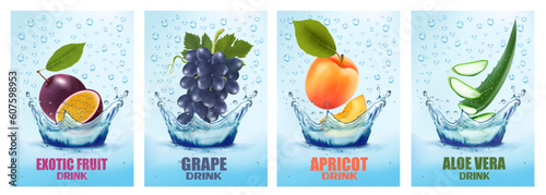 Set of labels with fruit and vegetables drink. Fresh fruits juice splashing together- passion fruit, grape, apricot, aloe vera in water drink splashing. 3d fresh fruits. Vector illustration.