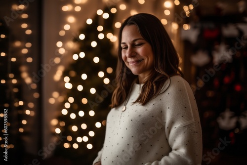 Portrait of a beautiful woman in a white sweater on the background of the Christmas tree