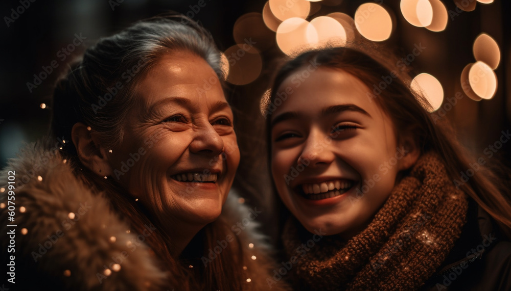 Two young women embrace, smiling in winter generated by AI Two young women embrace, smiling in winter generated by AI