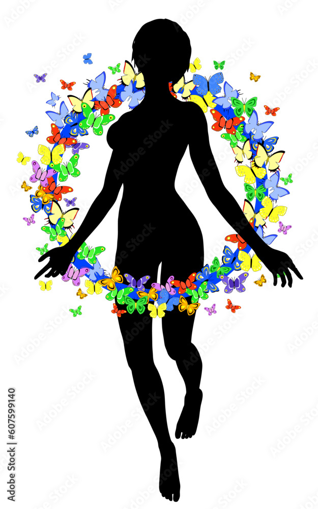 Editable vector illustration of a ring of butterflies around a woman's silhouette Editable vector illustration of a ring of butterflies around a woman's silhouette