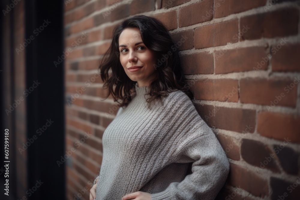 Portrait of a beautiful young woman in a knitted sweater on the background of a brick wall Portrait of a beautiful young woman in a knitted sweater on the background of a brick wall