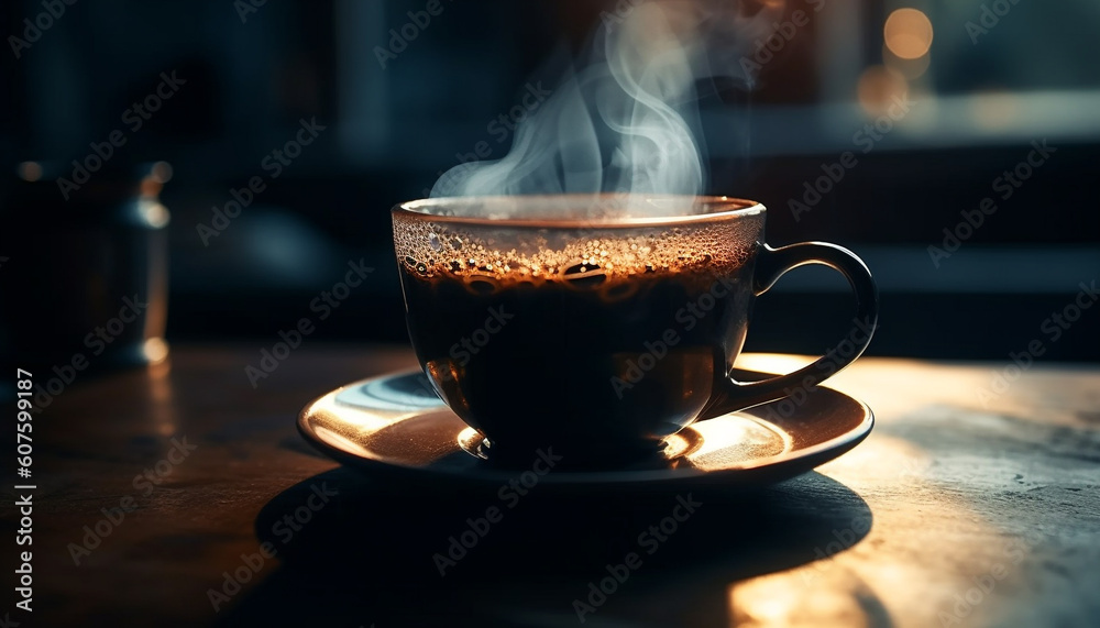 Frothy cappuccino on wooden table, steam rising generated by AI Frothy cappuccino on wooden table, steam rising generated by AI