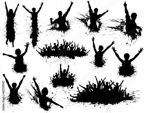 Set of editable vector illustrations of people celebrating with ink splatter grunge and all figures as separate elements