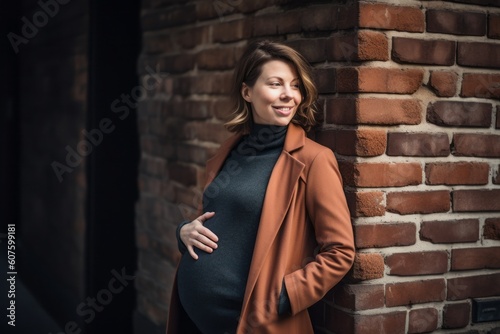 Portrait of a beautiful pregnant woman in a coat on a brick wall background