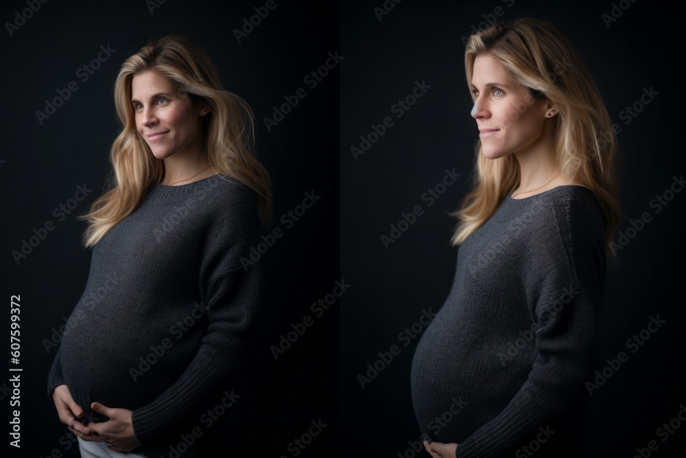 Portrait of a beautiful pregnant woman with long blond hair. Black background. Portrait of a beautiful pregnant woman with long blond hair. Black background.