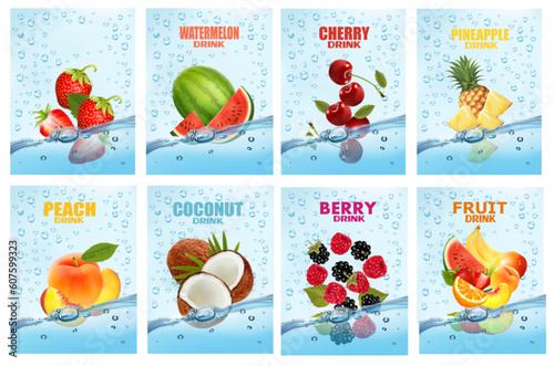 Set of labels with fruit and vegetables drink. Fresh fruits juice splashing together- peach, watermelon, cherry, raspberry, blackberry in water drink splashing. 3d fresh fruits. Vector illustration.