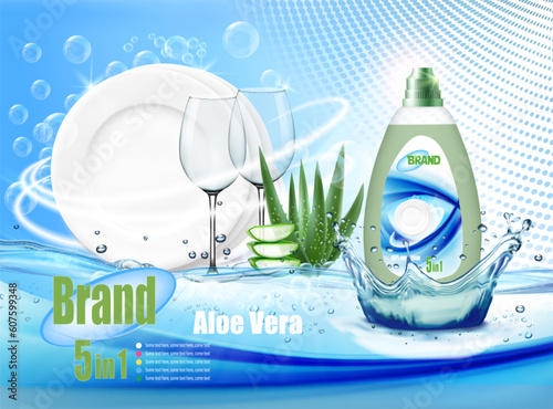 Stack of clean plates and two glasses  in soap foam and bubblies with cleanser bottle with a aloe vera. Realistic dishware  for dishwashing detergent advertising design. Vector