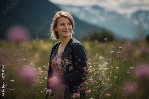 Beautiful woman in a field of wildflowers with mountains in the background