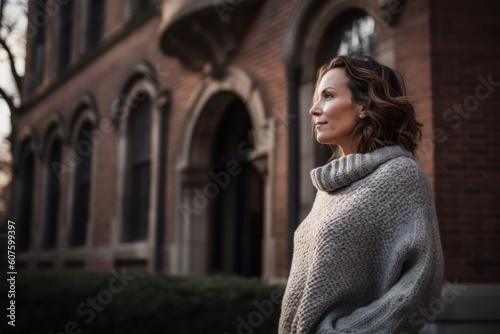 Portrait of a beautiful young woman with long wavy hair, wearing a gray sweater, standing in front of a brick building.