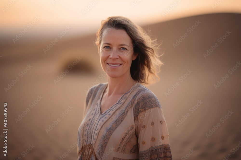 Portrait of a middle-aged woman in the desert at sunset Portrait of a middle-aged woman in the desert at sunset