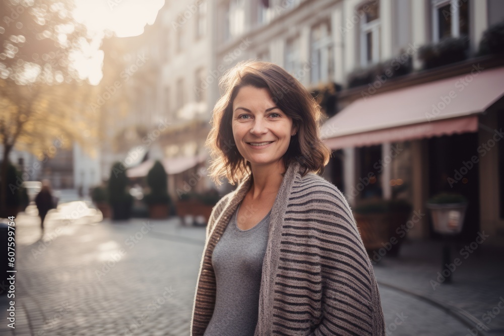 Portrait of a beautiful middle-aged woman with short hair on the background of the city.