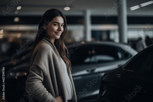 Portrait of a beautiful young woman in a car showroom.