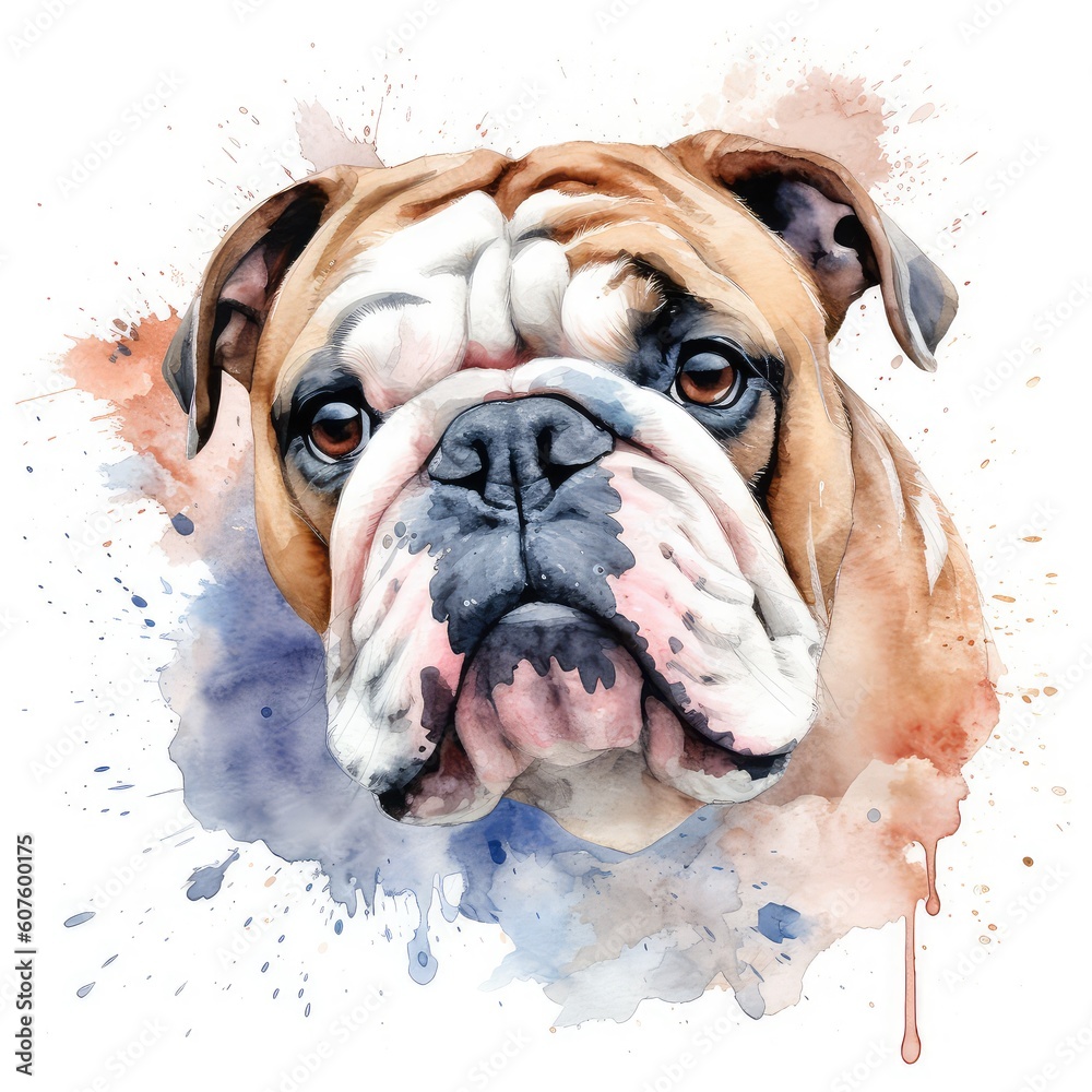 Bulldog portrait watercolor on white background.