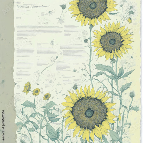 ephemera paper journal page with Sunflowers and delicate white dandelions floating in the breeze on a pale yellow background illustration, vintage, distressed textures, pastel colors, craft paper text