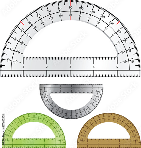 Detailed vector illustration of protractors used in drafting and engineering.