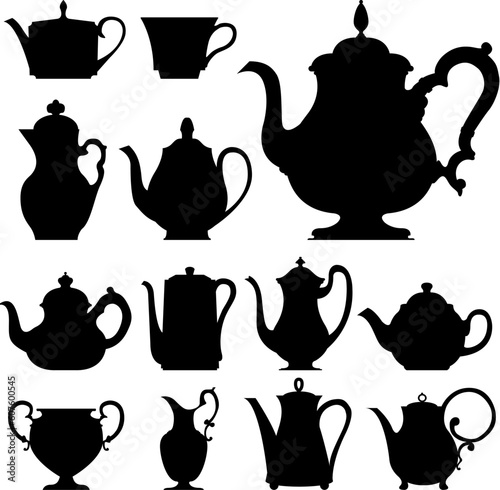 Teapots, coffeepots and fine china cups - vector silhouette set