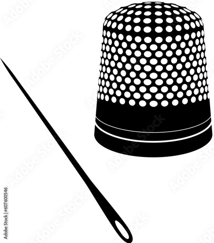 Detailed vector illustration of thimble and needle silhouettes.