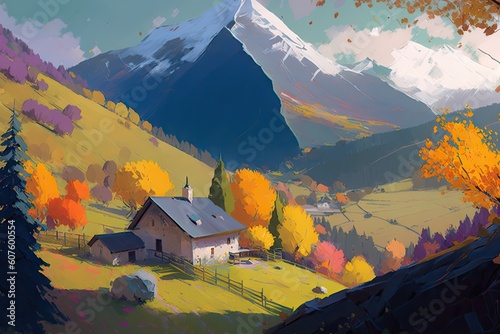 Art design of landscape painting in amazing mountain in the forest. Concept of lifestream colorful magical in beautiful village in natural background. Glorious generative AI. photo