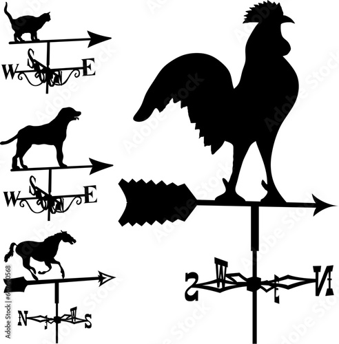 Weathervanes and lightning rods in vector silhouette