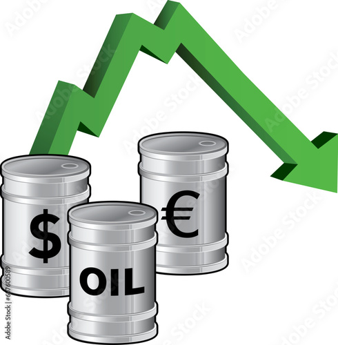 Oil prices dropping - vector illustration of fuel barrels with currency icons and a down arrow signifying lowering price