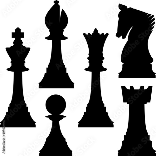Chess pieces in vector silhouette including king, queen, rook, pawn, knight, and bishop
