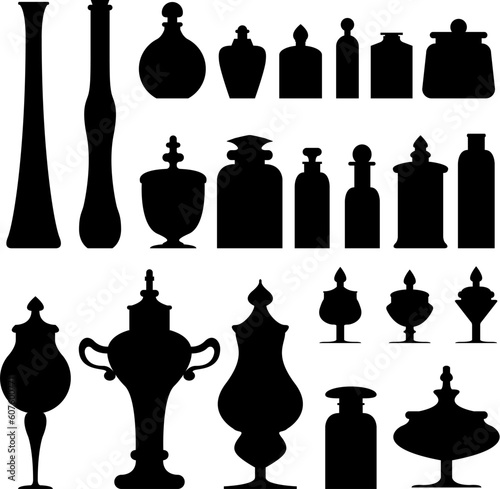 Antique vases, bottles, urns and jars from an apothecary, herbalist, or tea shop - vector silhouette set