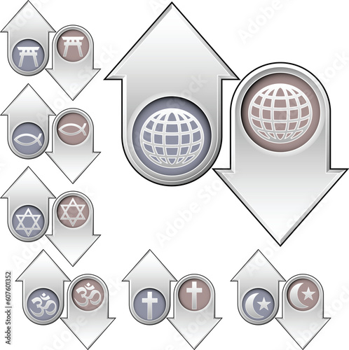 Foto World religion symbols and icons on vector up and down arrows to indicate rising