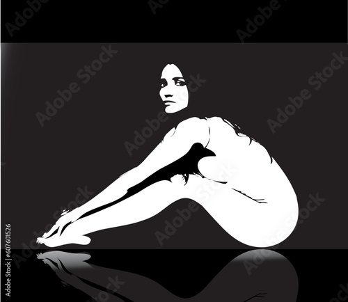 Vector portrait of a beautiful young brunettes nude sitting on a mirror-like surface