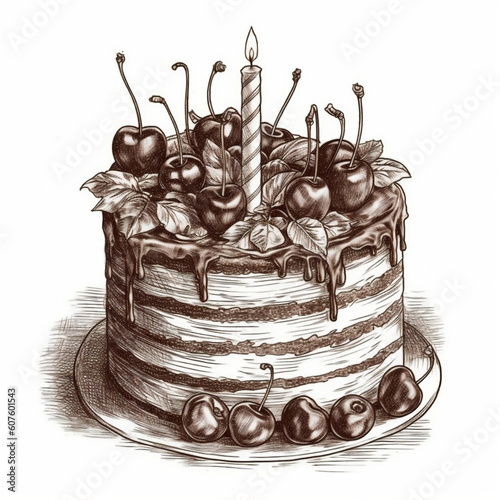 Birthday Cake Cherry Dessert Flower Wedding Cake Celebration Sketch Hand Drawn Drawing Art Illustration Generative AI