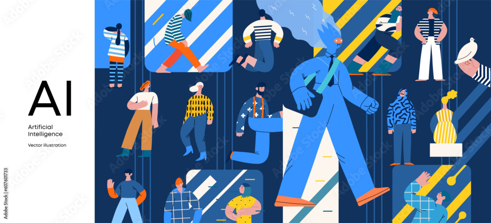 Fototapeta premium Artificial intelligence, AI and humanity -modern flat vector concept illustration of AI character walking among people in everyday life. Metaphor of AI advantage, benefit, friendliness concept