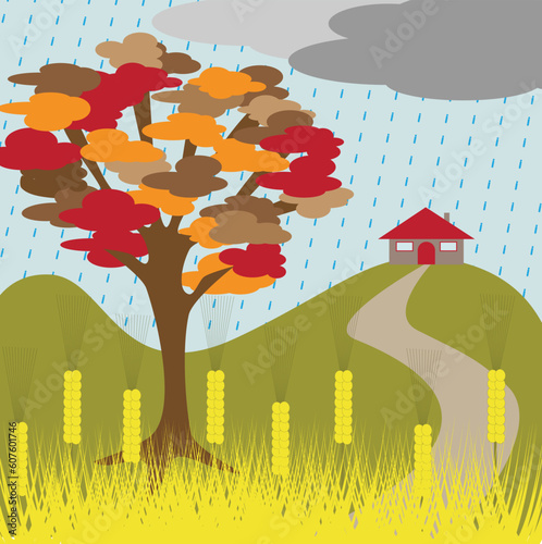 autumn tree and house on a hill with wheat and rain