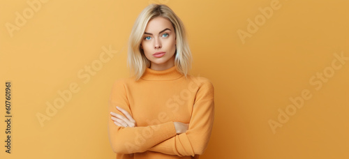 Blond woman crossed arms looking at camera with skeptical expression.  Image generative AI.
