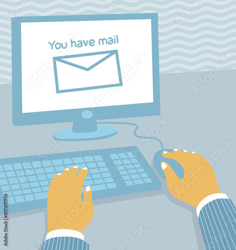 Illustration of a computer workstation at the office receiving email