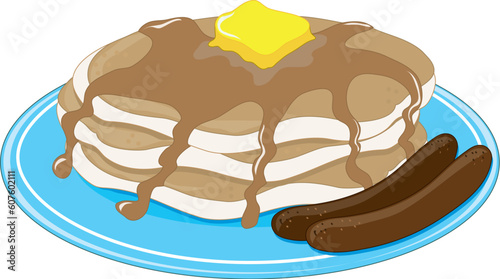 A stack of pancakes with two sausages