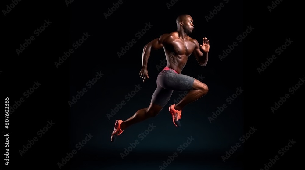 Sport competition.Sport man running on black color background. Sportwear advert concept.Image generative AI.