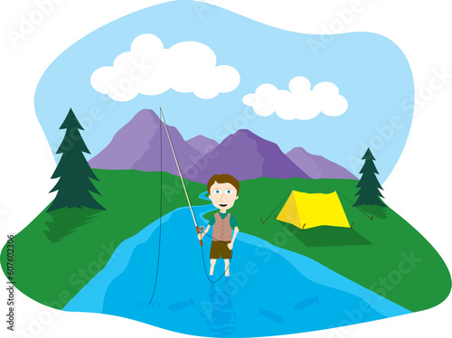 Vector illustration of a boy flyfishing.