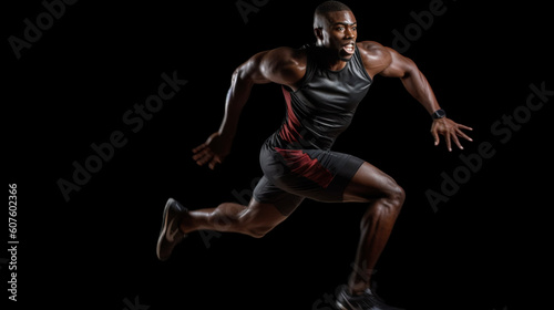 Afro athlete running against black background. Sportwear advert concept. Image generative AI.