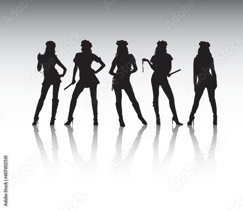 A vector illustration of sexy female officers. (Pieces can be broken up and seperated from themselves and their reflections)