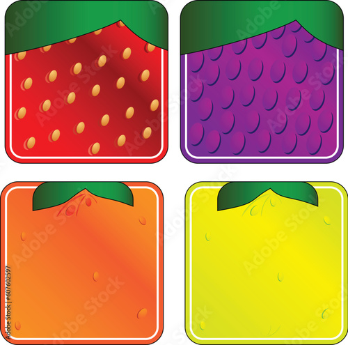 Set of 4 squared fruits: strawberry, grapes,orange,lemon or lime