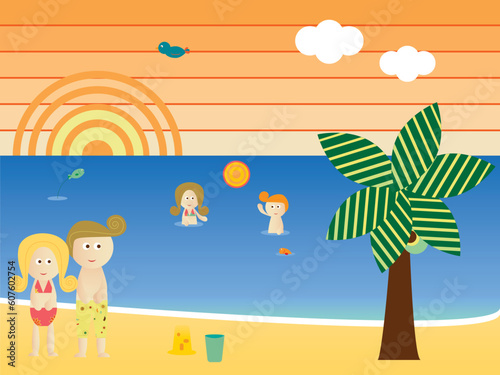 Retro Beach Sunset Landscape Family Vacation
